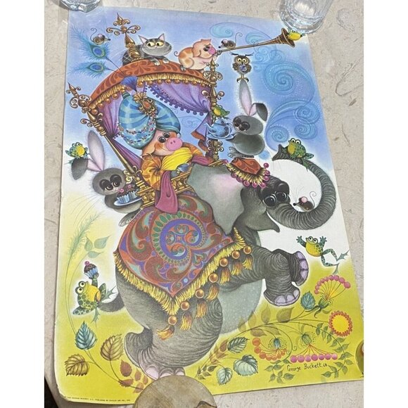 Vintage Cartoon George Buckett Art Poster Print Animals Whimsical Elephant Pig - Picture 1 of 10